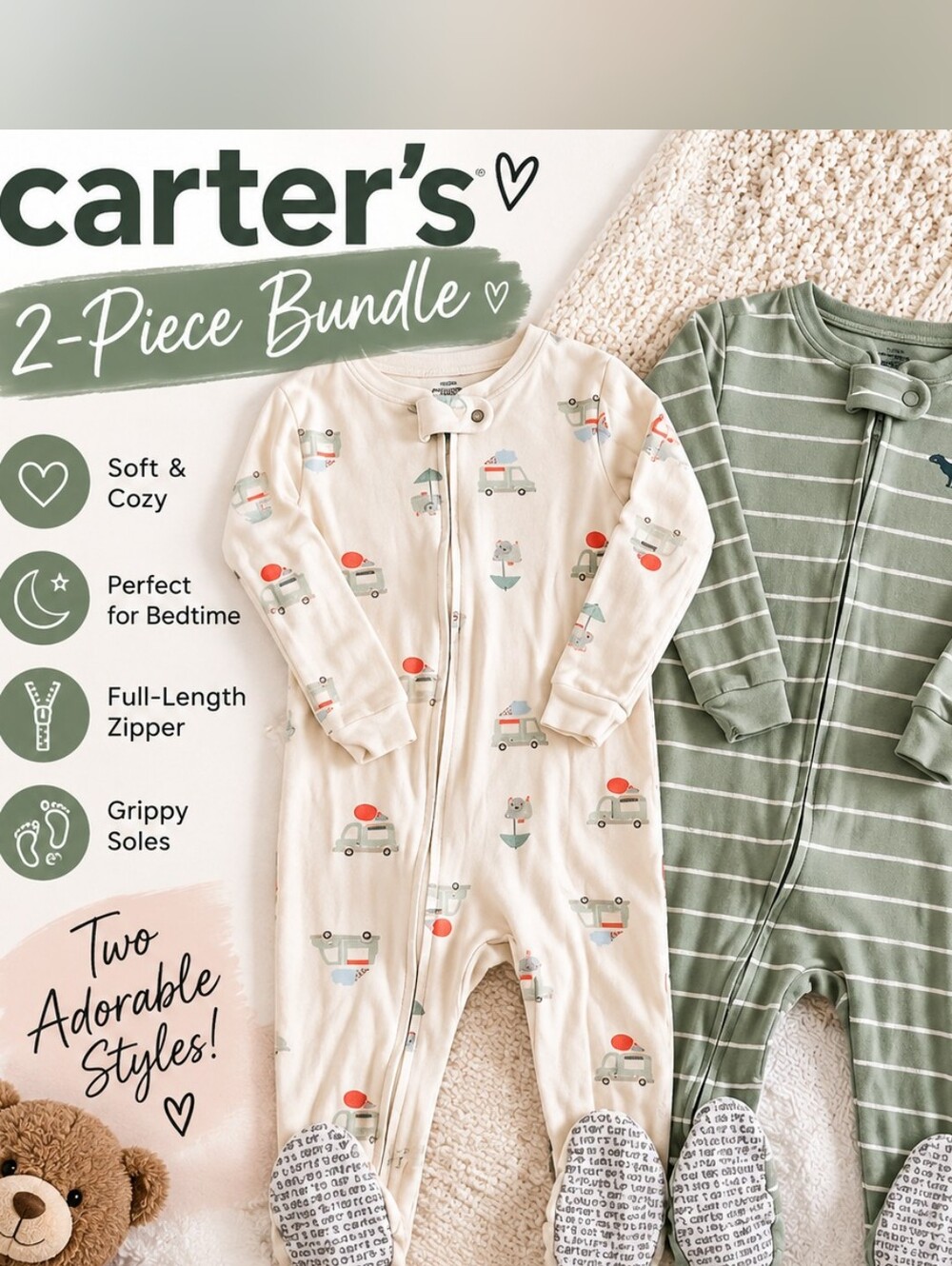 Carter’s Boys 3T Footed Pajamas Bundle | 2 Zip-Up Sleepers